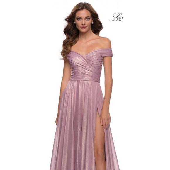 NWT La Femme Iridescent Off the Shoulder Chiffon Gown sz 14 - Picture 2 of 9